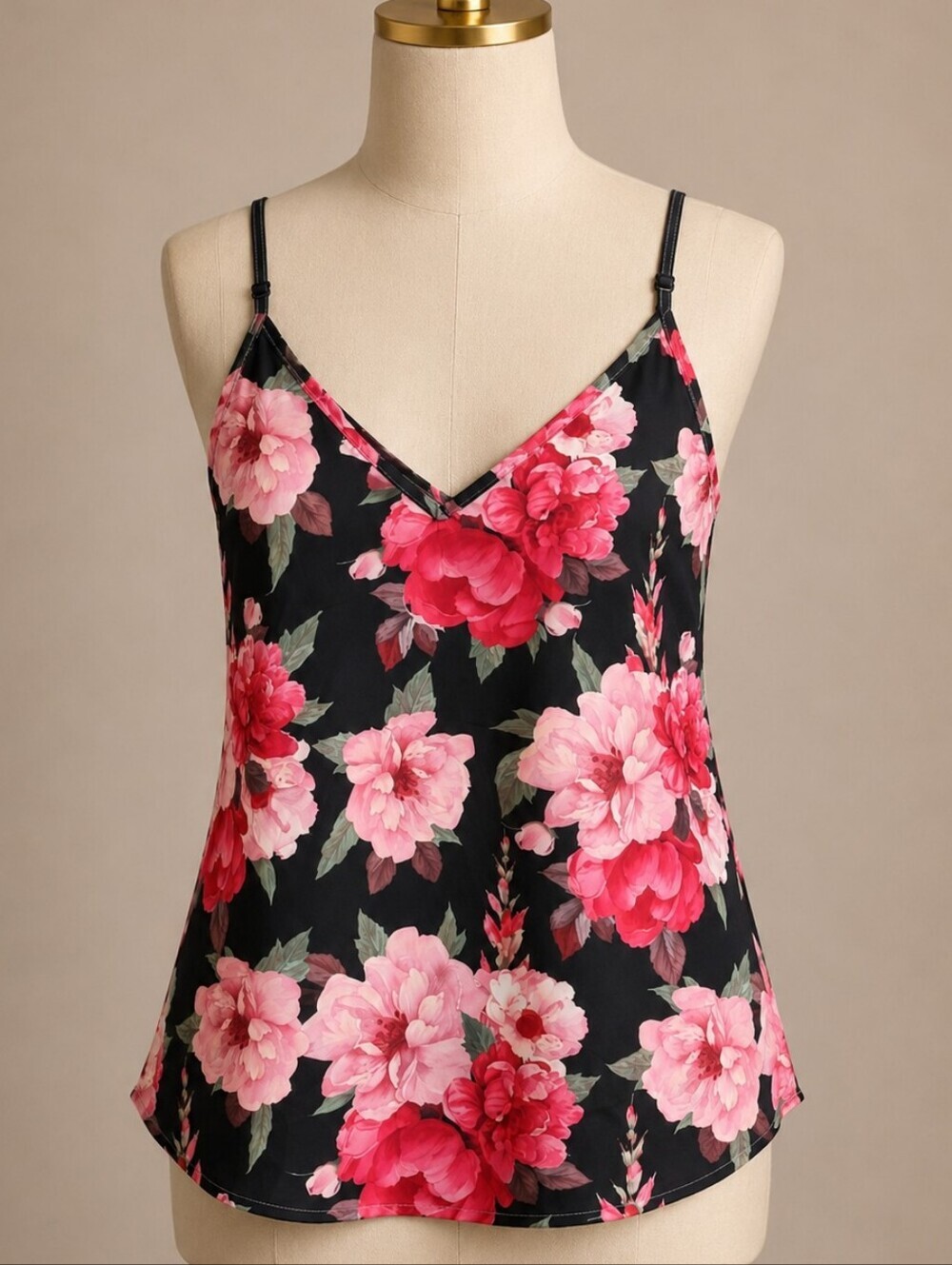 Elegant Floral V-Neck Camisole in Black and Pink. NWT